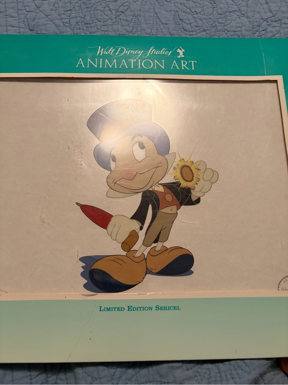 Disney Jiminy Cricket Animation Art with Teal Border and Yellow Accents